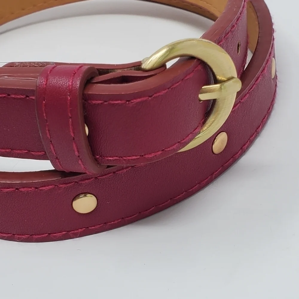 ANNE KLEIN RASPBERRY FAUX LEATHER STUDDED SKINNY BELT GOLD BUCKLE WOMEN XS